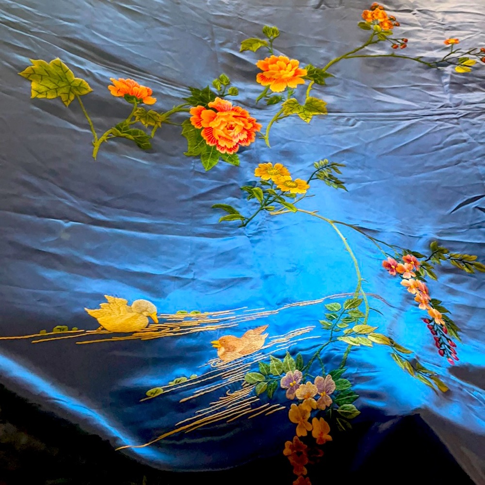 Chinese Embroidered Silk Fabric Panel Royal Blue
